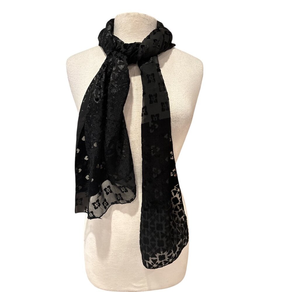 Black Floral Pattern Sheer Scarf Wrap 100% Polyester Made In Korea
